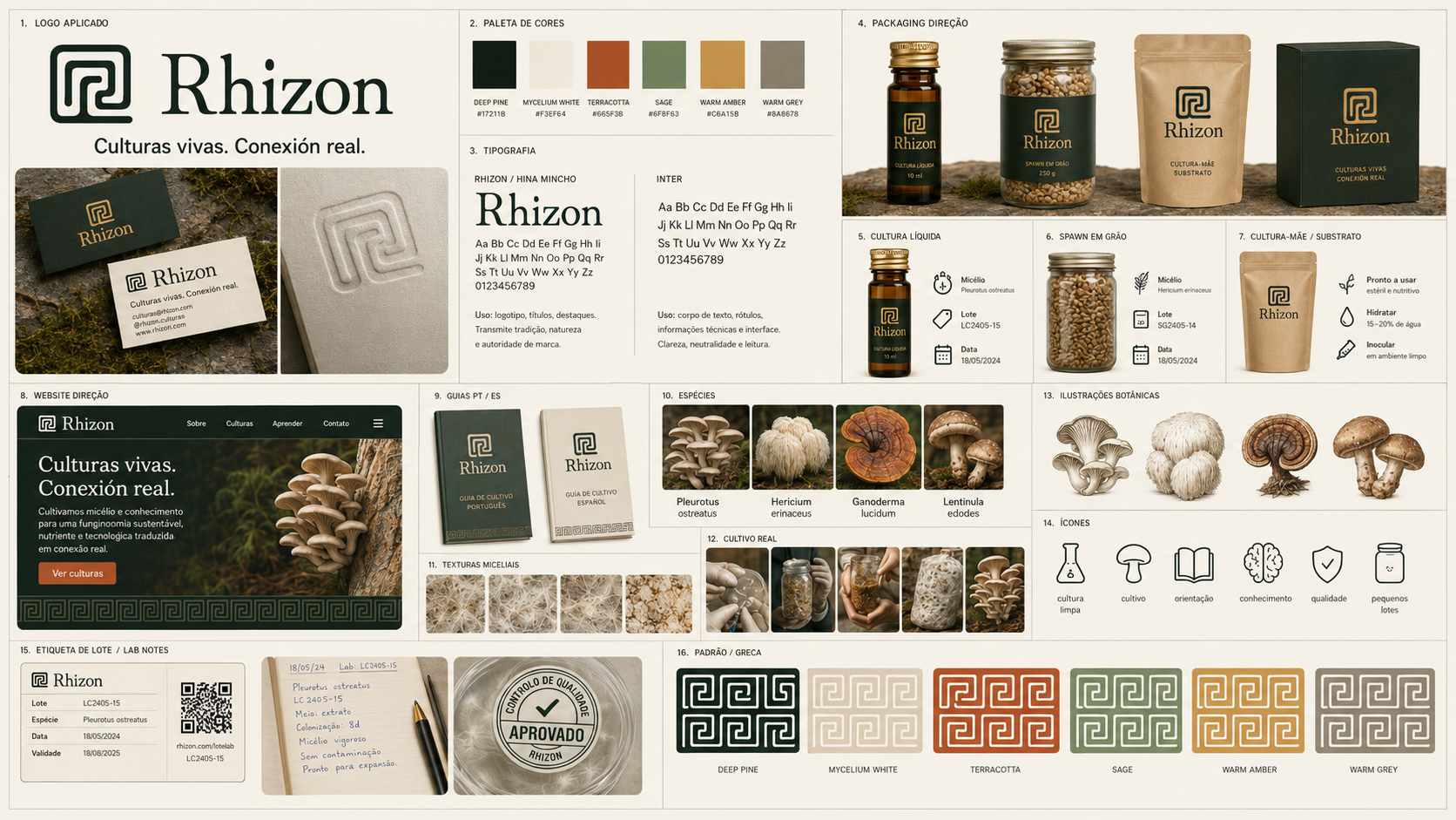 Board de identidade Rhizon: paleta, tipografia, packaging, website, guias, espécies, ícones e etiqueta de lote com nota de laboratório.