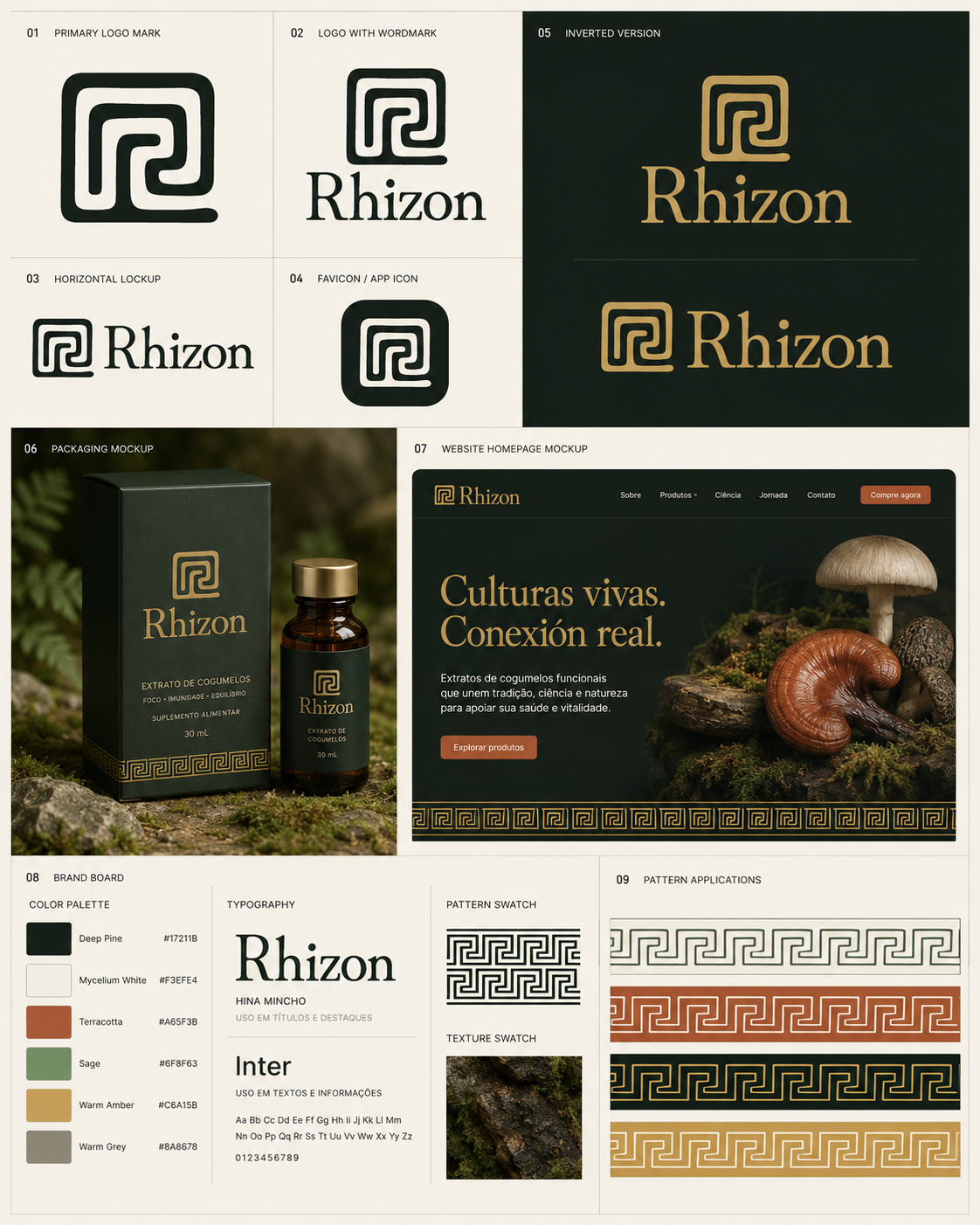 Sistema de logótipo Rhizon: marca primária, lockups, favicon, versão invertida, packaging, site e padrão.