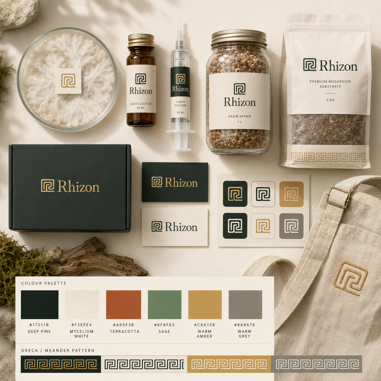 Flat-lay dos produtos Rhizon: placa de Petri, cultura líquida, mycelium, spawn de grão, cartões, paleta e padrão.
